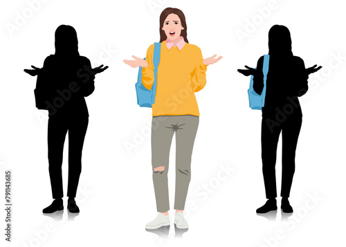 Сonfused student wear loose sweater and jeans. Young surprised woman with backpack on shoulder. Insecure girl in casual clothes. Vector illustration set isolated on white