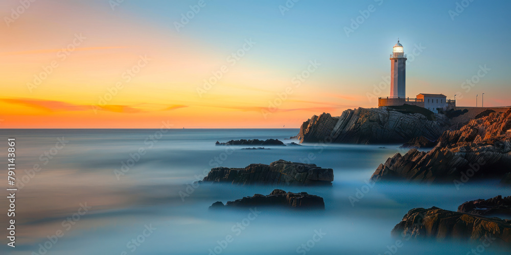 Lighthouse in Atlantic coast, Long Exposure Sunset.