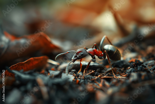 macro photo of ant on forest litter, generative AI