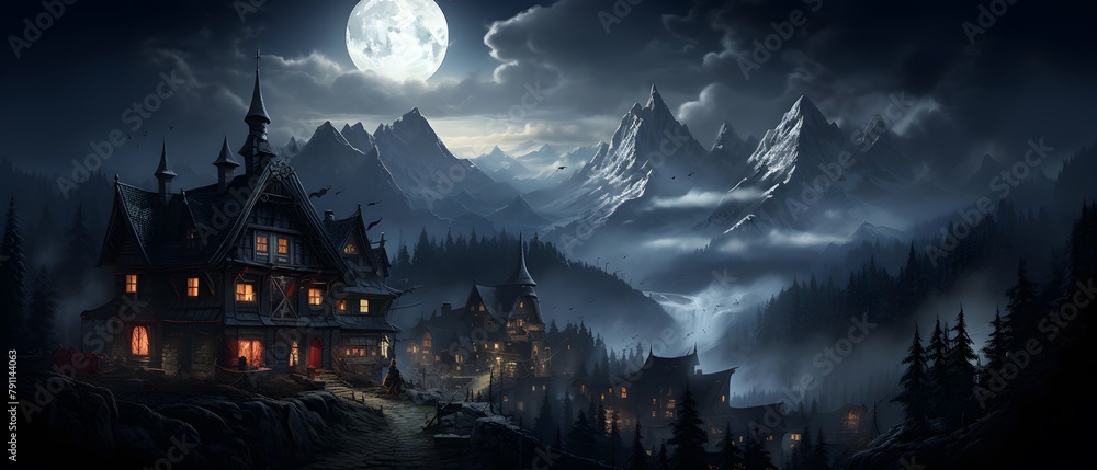 Panoramic view of a mountain village at night with a full moon