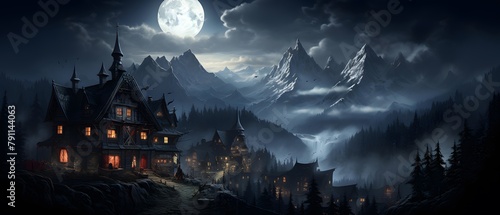 Panoramic view of a mountain village at night with a full moon © Iman
