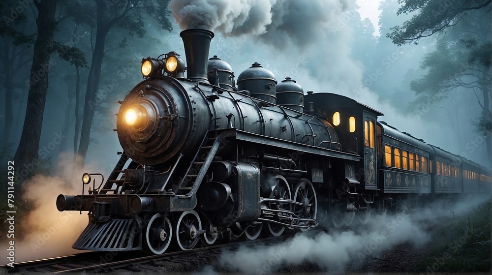 Naklejka premium Old Steam Train Passing Dark Creepy Forest