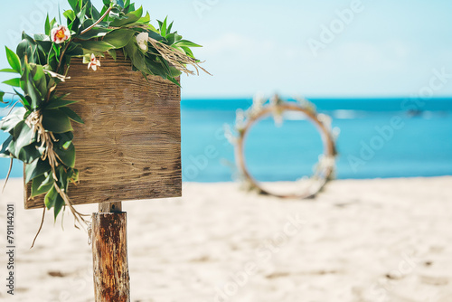 round wedding gate on a beautiful beach with palm trees by the ocean and a wooden sign in boho style for wedding, generative AI