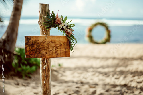 round wedding gate on a beautiful beach with palm trees by the ocean and a wooden sign in boho style for wedding, generative AI