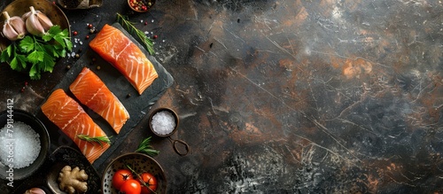 Raw salmon fillet with cooking ingredients on a dark stone surface, seen from above with room for text. photo