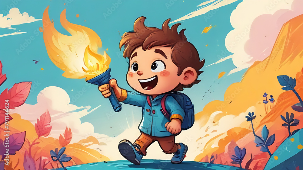 Naklejka premium a boy Hold up the torch
