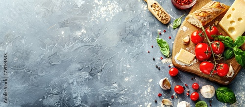 Cutting board for pizza or bread on a table for baking at home. Food recipe idea on a stone background with space for text. Panoramic top view flat lay image. photo
