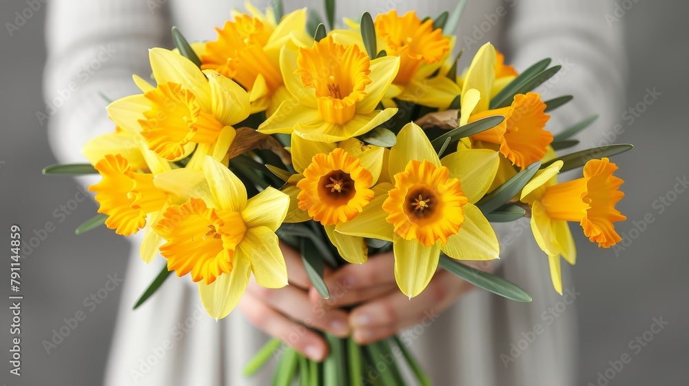   A close-up of a person holding a bouquet of yellow flowers, with yellow blooms at its heart