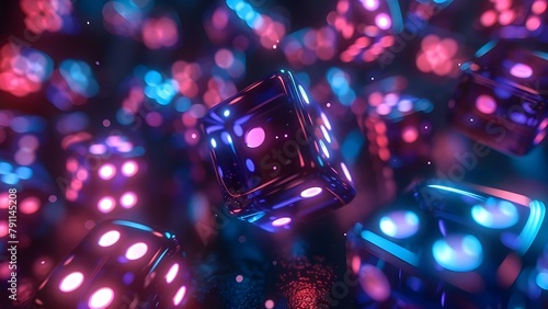 Neon dice floating in the air glowing with energy in 3D render. Concept 3D Rendering, Neon Dice, Floating Objects, Glowing Effects, Energy Concept photo