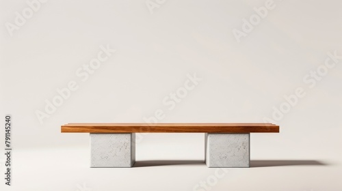 Blank mockup of a simple backless park bench with a concrete base and wooden seat. . photo