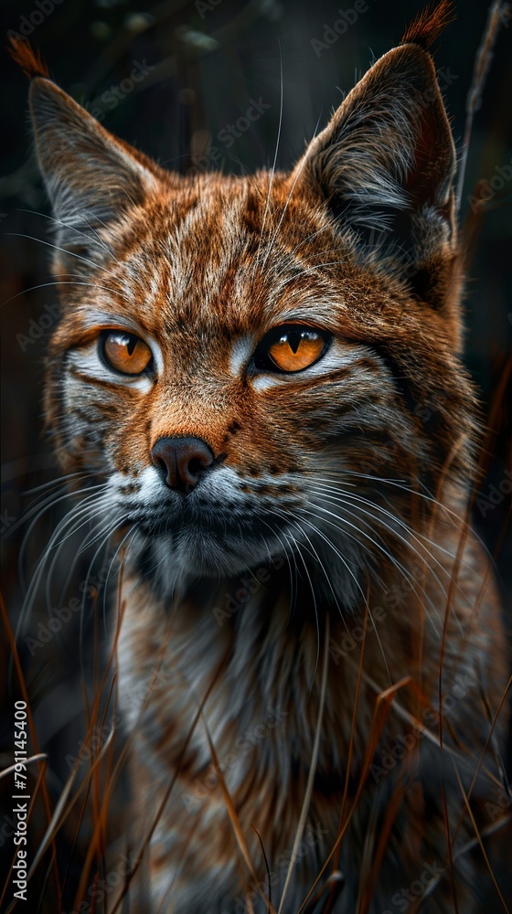 Obraz premium A portrait of a cat in low lighting with rugged outlines and the animal's distinctive features. Wild cat under an aura of mystery and intrigue.