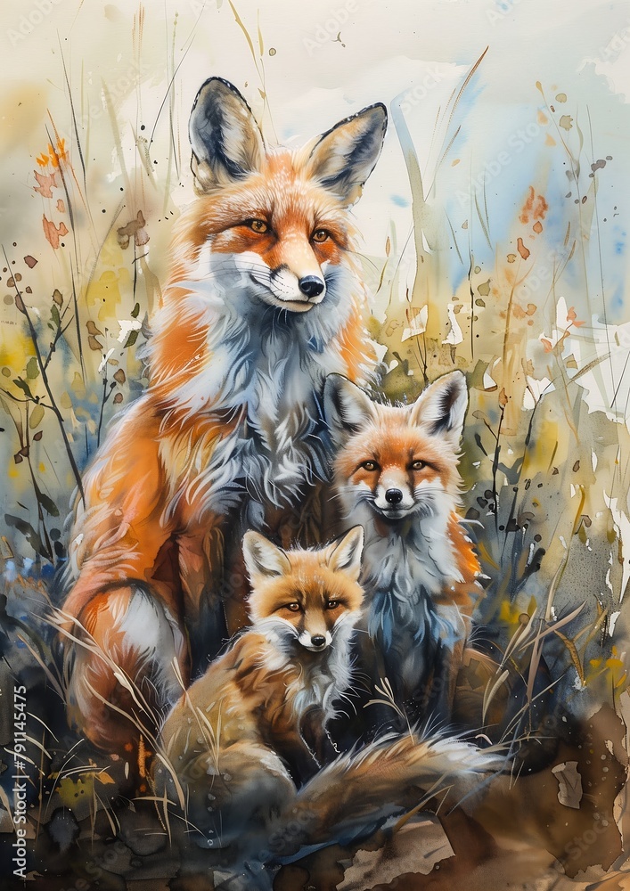 Fototapeta premium fox family field baby displayed walls orange white flowing brush strokes standing together