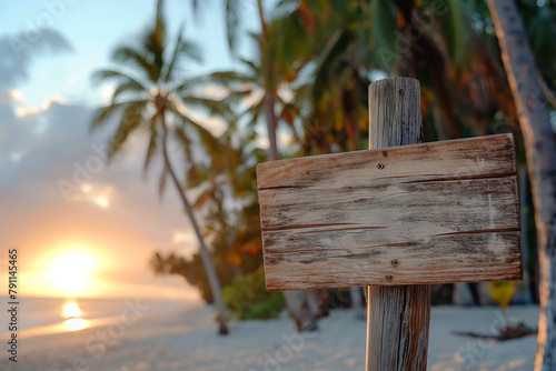 wooden plaque with a place for an inscription on an exotic beach with palm trees for a boho style wedding, generative AI
