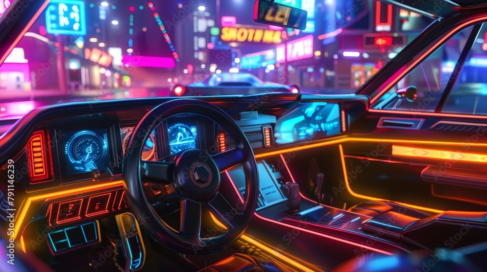 Detailed shot of a neon colored cyberpunk car interior  AI generated illustration