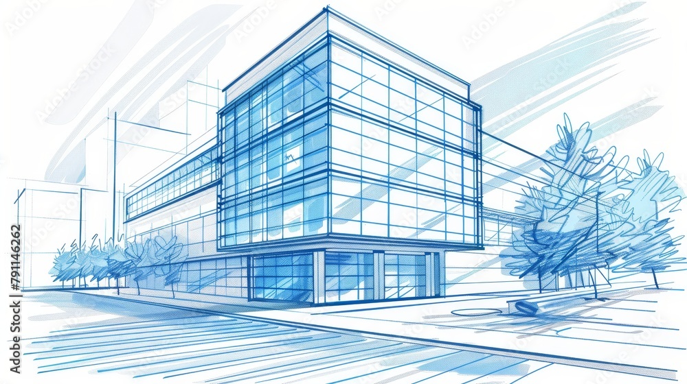Detailed sketch of a modern office building AI generated illustration Detailed sketch of a modern office building AI generated illustration