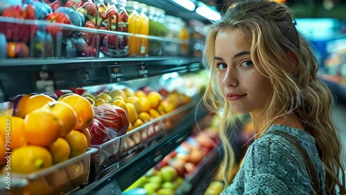Portrait of a beautiful young brunette woman in a supermarket photo