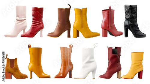White background cutouts of women ladies short boots collection Set of different styles and colors