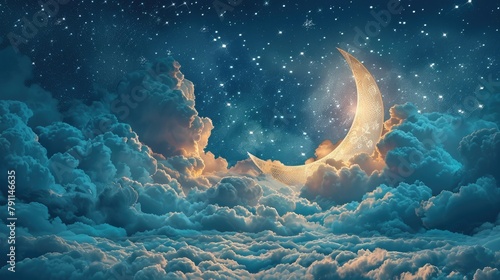 Papercut Crescent Moon Illuminating Starry Expanse Against Velvety Blue Sky