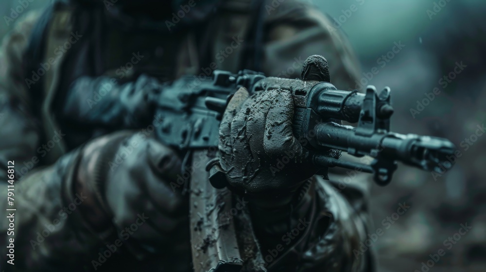 Grimy hands gripping a rifle AI generated illustration Grimy hands gripping a rifle AI generated illustration