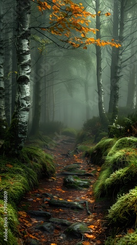 path woods moss trees foggy background young deviant fable ratio mountain birch forest street photo