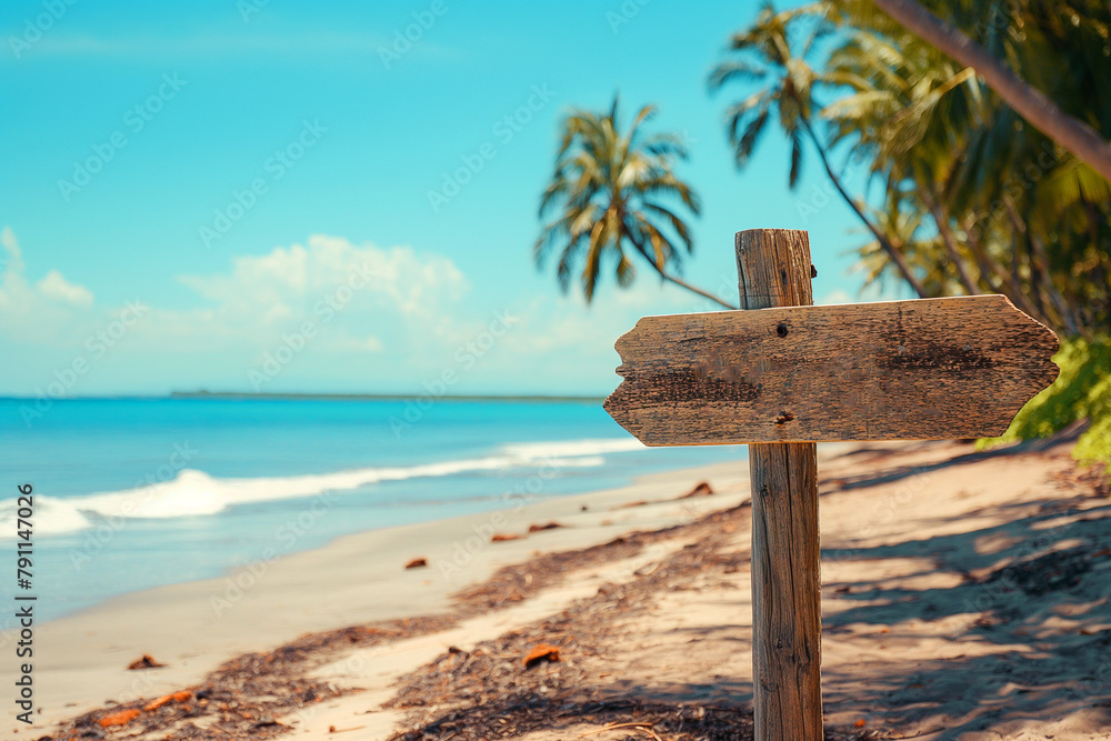 wooden plaque with a place for an inscription on an exotic beach with palm trees for a boho style wedding, generative AI wooden plaque with a place for an inscription on an exotic beach with palm trees for a boho style wedding, generative AI