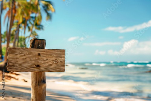 Wallpaper Mural wooden plaque with a place for an inscription on an exotic beach with palm trees for a boho style wedding, generative AI Torontodigital.ca