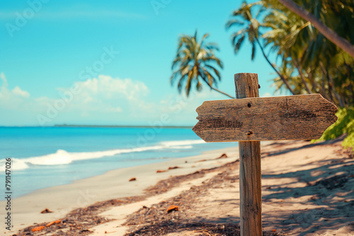 wooden plaque with a place for an inscription on an exotic beach with palm trees for a boho style wedding, generative AI