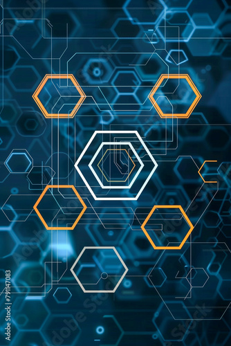 A blue and orange background with hexagonal shapes