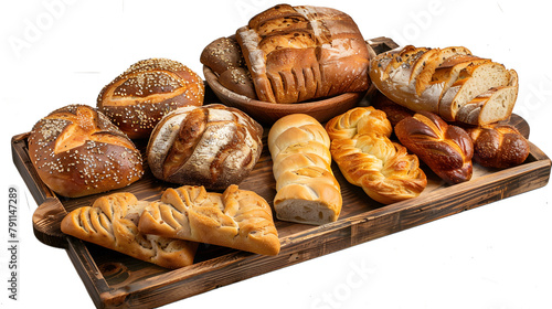 Various healthy bread on a wooden tray, on white background