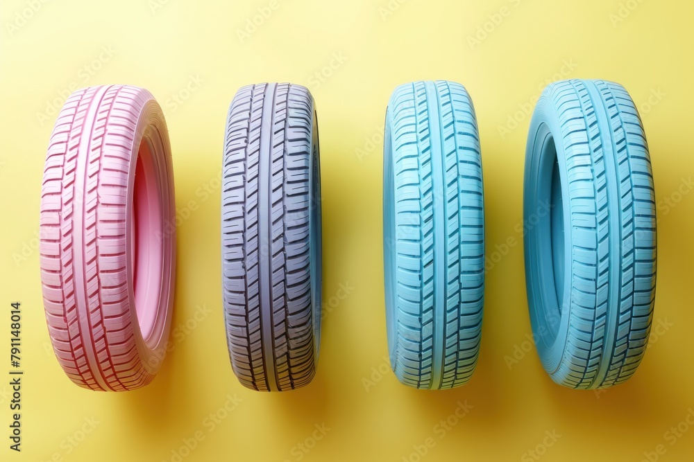 Four pastel-colored tires arranged diagonally on a pastel yellow backdrop. Four pastel-colored tires arranged diagonally on a pastel yellow backdrop.