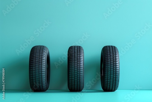 Three tires lined up horizontally on a pastel turquoise surface.