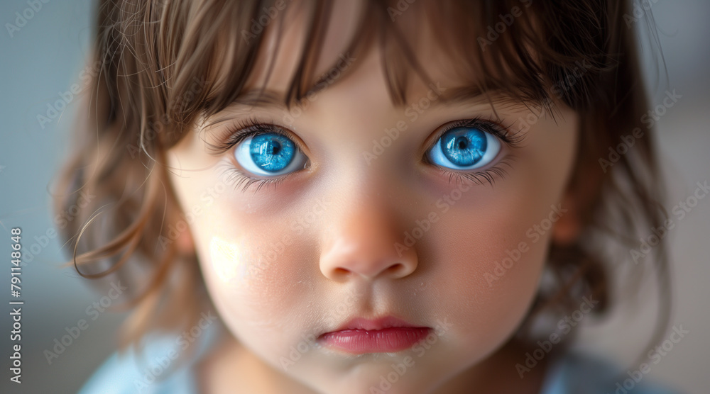 Extreme close up of a young female toddler with huge blue eyes and short brown hair Extreme close up of a young female toddler with huge blue eyes and short brown hair
