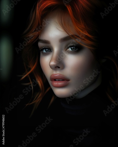 closeup woman red hair black turtleneck sultry look redhead girl female witch young blonde portrait love android mystic soft lighting