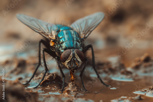 a big nasty dirty fly sits on the excrement, generative AI