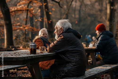 Elderly couple sitting at the table in the park and drinking coffee.