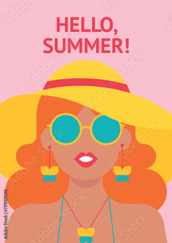 Hello summer poster with a beautiful tanned girl in a hat and sunglasses. Minimalistic flat background with happy smiling red-haired beach girl. Flyer, banner, invitation.
