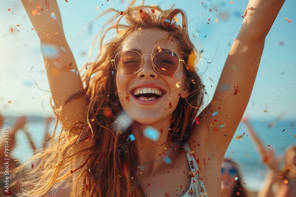 Exuberant young woman with sunglasses celebrating with confetti, bright and joyful Exuberant young woman with sunglasses celebrating with confetti, bright and joyful