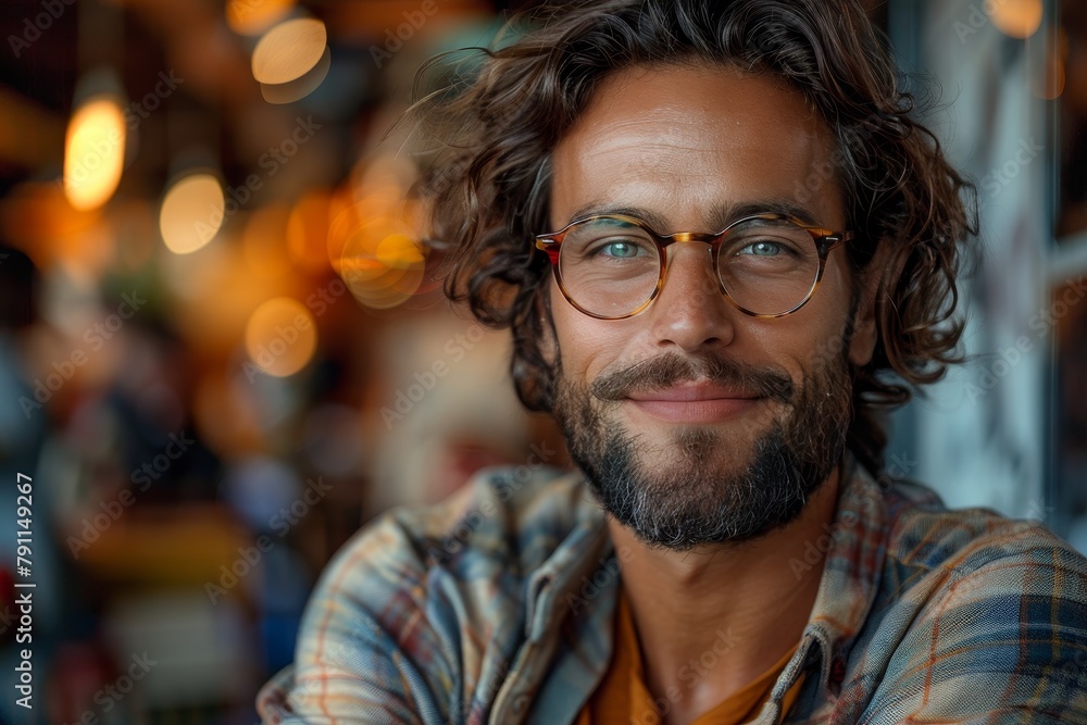 Portrait of a stylish, bearded man with glasses and a casual shirt, exuding charisma and confidence Portrait of a stylish, bearded man with glasses and a casual shirt, exuding charisma and confidence