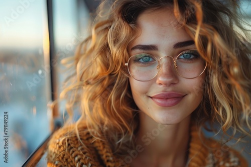 Beautiful woman with wavy hair and eyeglasses smiling near a window, evening light photo