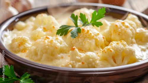 Cooked cauliflower, served with a thick cheese sauce, an irresistible combination of flavors and textures. A cooked cauliflower with aromas and flavors of creamy cheese sauce. photo