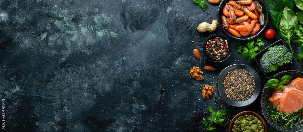 Food sources of omega 3 and healthy fats displayed on a dark background from a top-down perspective, with space for additional content. Included are vegetables, seafood, nuts, and seeds. Food sources of omega 3 and healthy fats displayed on a dark background from a top-down perspective, with space for additional content. Included are vegetables, seafood, nuts, and seeds.