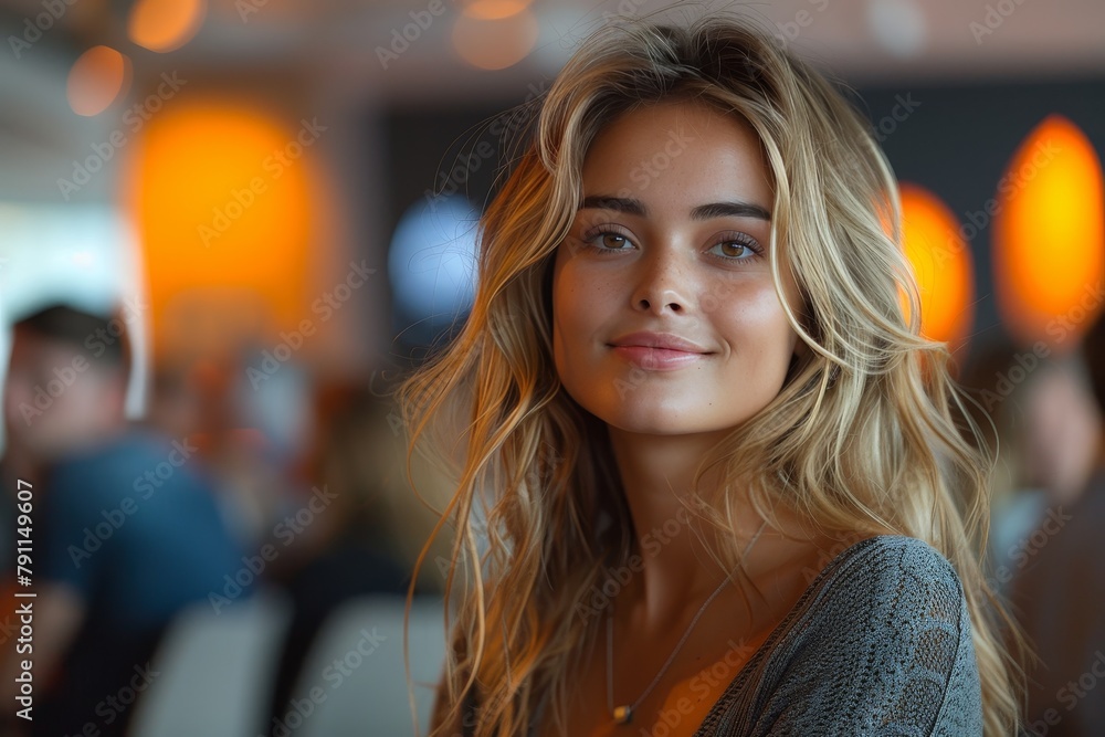 Warm and inviting portrait of a beautiful young woman with a bright smile in an orange ambiance Warm and inviting portrait of a beautiful young woman with a bright smile in an orange ambiance