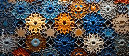 Close up of colorful paper flowers on wall