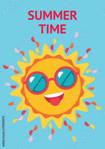 Summer poster with cool funny sun character wearing sunglasses. Happy cute sun emoji laughing in the sky. Joyful sun character.  Background  flyer  banner  invitation