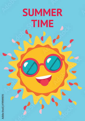 Summer poster with cool funny sun character wearing sunglasses. Happy cute sun emoji laughing in the sky. Joyful sun character.  Background, flyer, banner, invitation