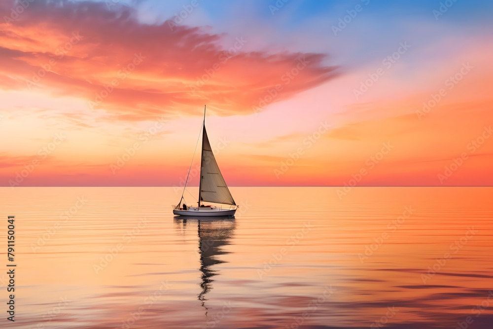Lone sailboat on a calm ocean at sunset, with vibrant hues of orange and pink in the sky, symbolizing peace and solitude