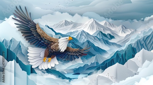 Majestic Eagle Soaring Above Mountain Peak in Intricate Papercut Art