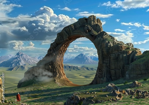 man standing front large rock formation entertainment wonderland portal characteristics golden curve open plains artists rendition archway still keyhole looping photo