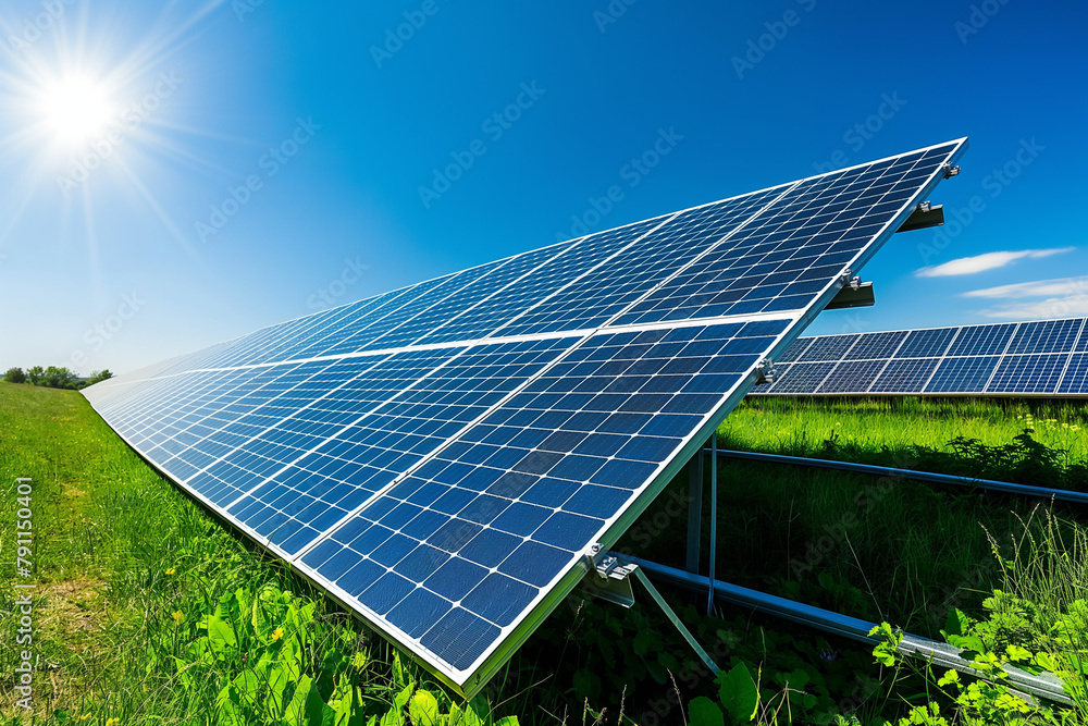 photovoltaic solar panels producing ecological green renewable energy on green grass on green field, generative AI