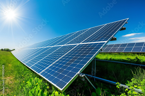 Obraz na płótnie photovoltaic solar panels producing ecological green renewable energy on green grass on green field, generative AI w salonie